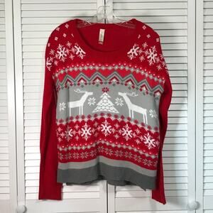 No Boundaries Christmas Red Reindeer Snowflake Ribbed Trim Sweater Juniors L